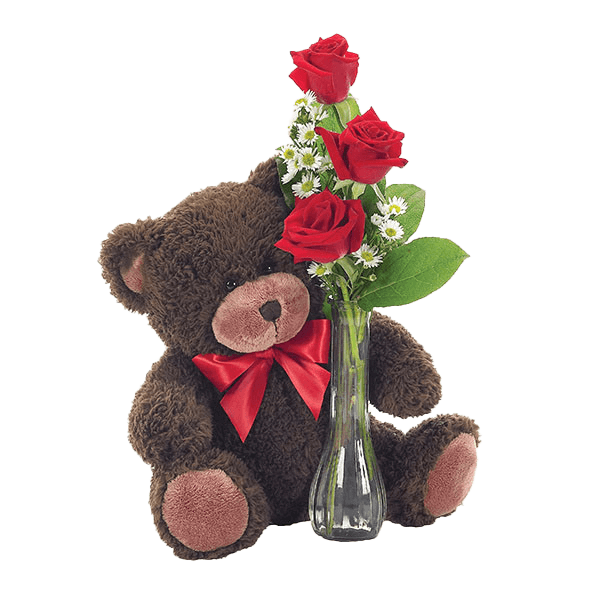 Image of Bud Vase Roses with Teddy Bear